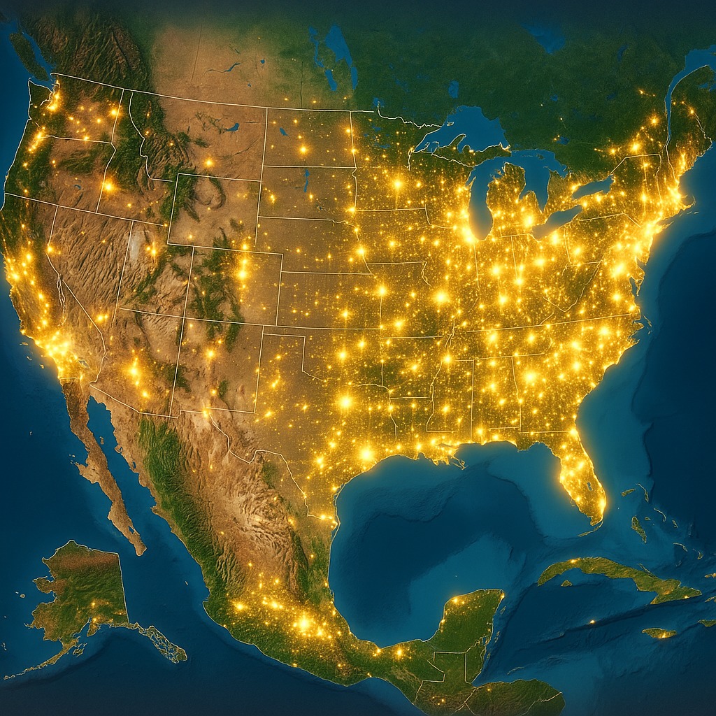 Map of the United States illuminated with golden points representing blended-family households